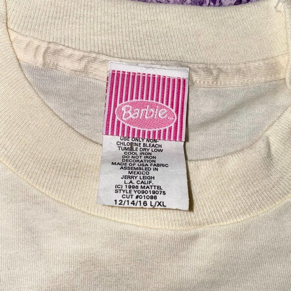 M/L Vintage 1996 Barbie Mattel Single Stitch Puff Paint Logo T-Shirt - Picture 6 of 9